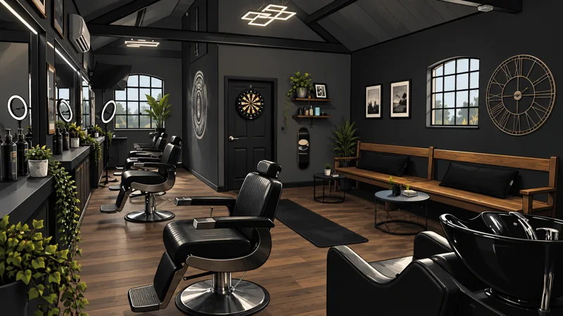 Illustration of the dark RAGE Barbers Lounge interior