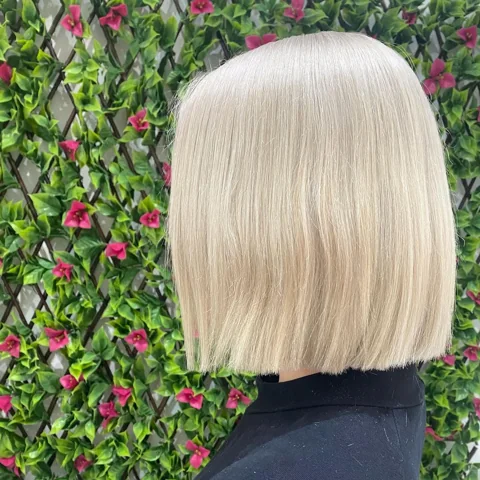 A sleek, straight blonde bob with a precise blunt finish