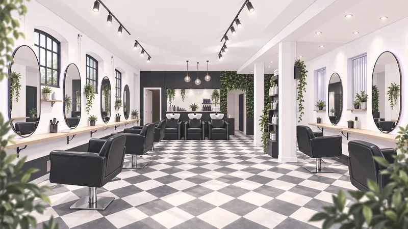 Illustrated view of the RAGE salon, with styling chairs, mirrors and a chequered floor